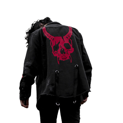 Land of Nostalgia Men's Harajuku Demon Skull Rock Punk Denim Jacket by Land of Nostalgia