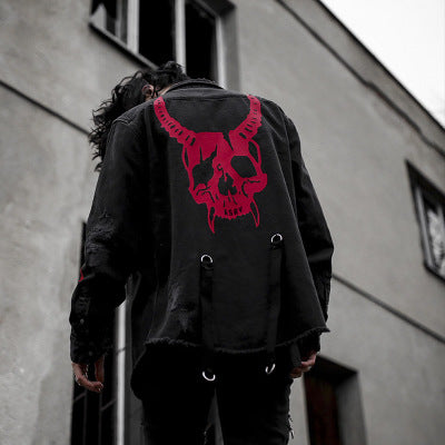 Land of Nostalgia Plus Size Men's Harajuku Demon Skull Rock Punk Denim Jacket (Ready to Ship) by Land of Nostalgia