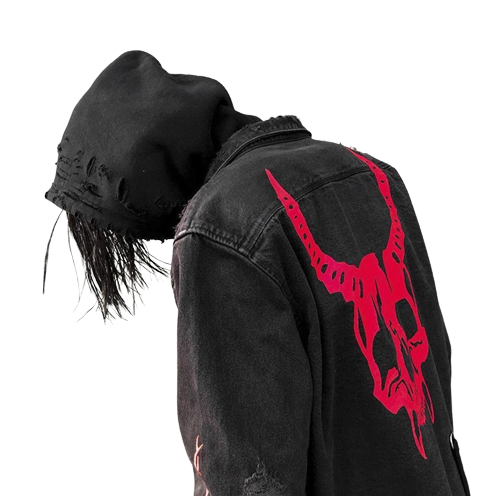 Land of Nostalgia Men's Harajuku Demon Skull Rock Punk Denim Jacket by Land of Nostalgia