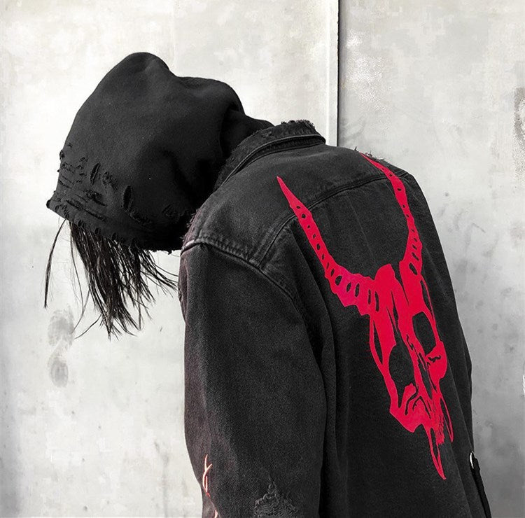 Land of Nostalgia Plus Size Men's Harajuku Demon Skull Rock Punk Denim Jacket (Ready to Ship) by Land of Nostalgia