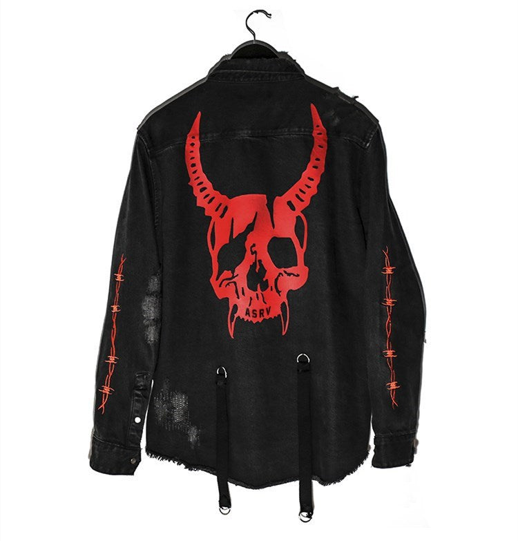 Land of Nostalgia Men's Harajuku Demon Skull Rock Punk Denim Jacket by Land of Nostalgia