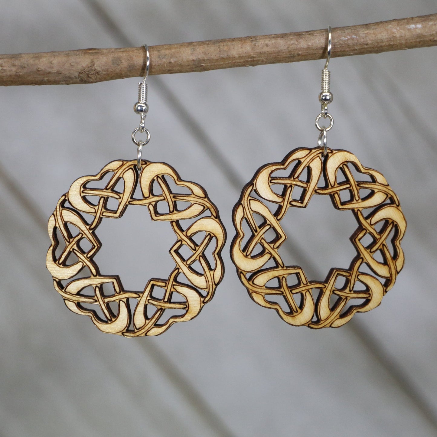 Celtic Heart Circle Delicate Wooden Dangle Earrings