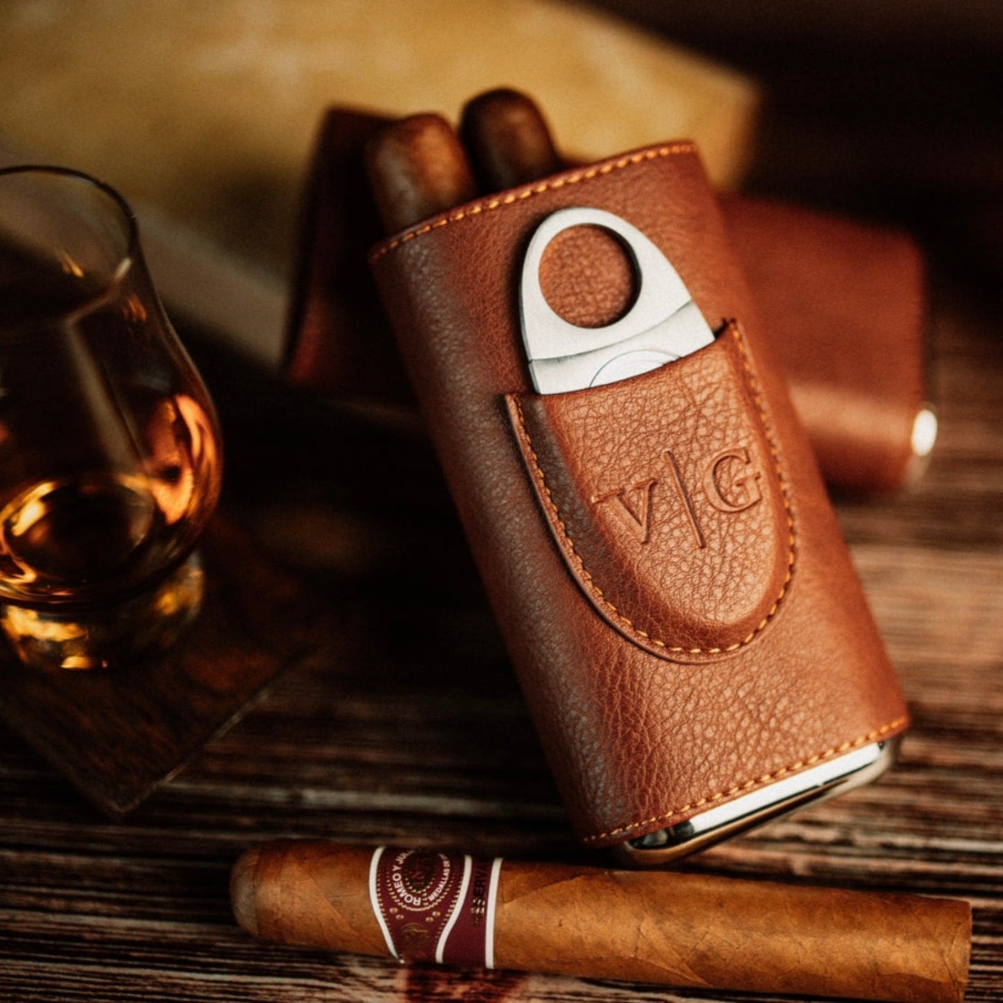 Luxury Brown Leather Cigar Case With Cutter by Vintage Gentlemen