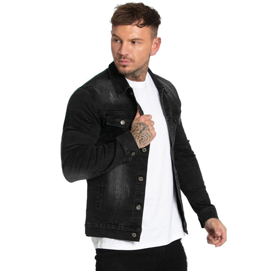 Land of Nostalgia Autumn Winter Men's Stripe Skinny Black Denim Coats Jackets by Land of Nostalgia