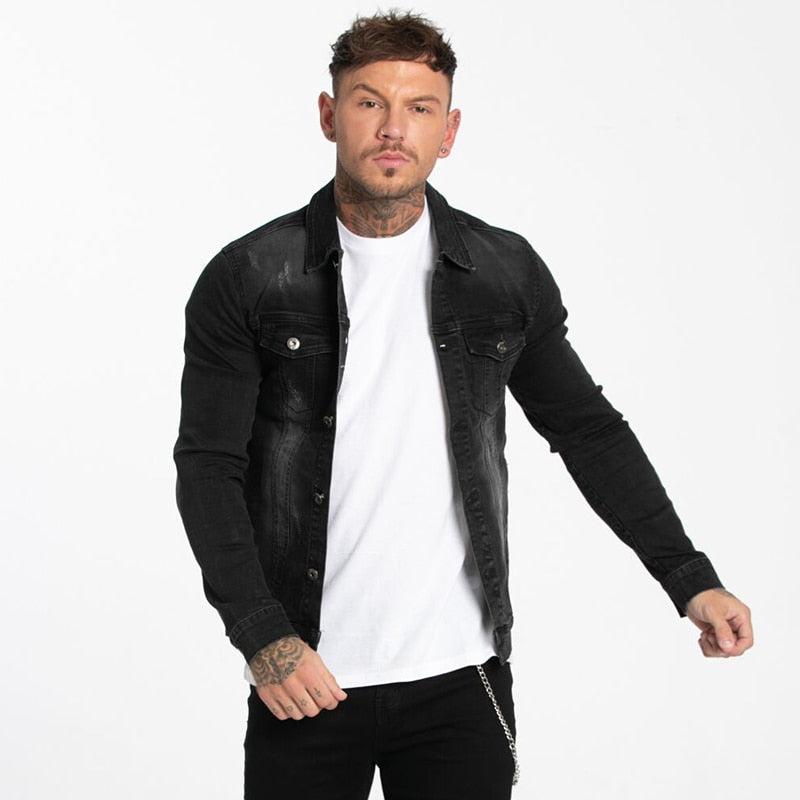 Land of Nostalgia Autumn Winter Men's Stripe Skinny Black Denim Coats Jackets by Land of Nostalgia