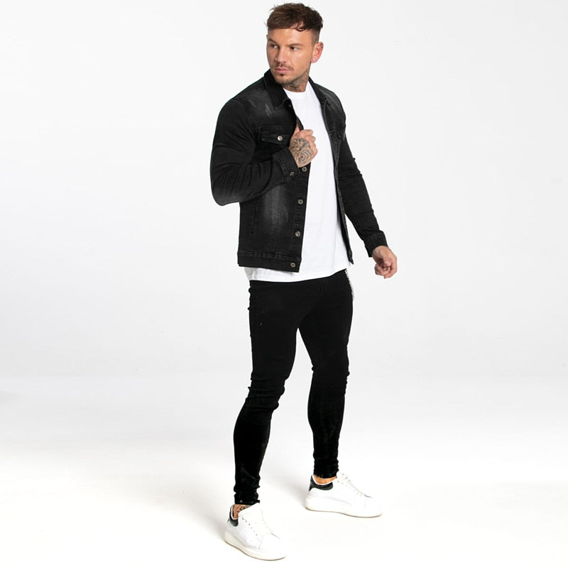 Land of Nostalgia Autumn Winter Men's Stripe Skinny Black Denim Coats Jackets by Land of Nostalgia