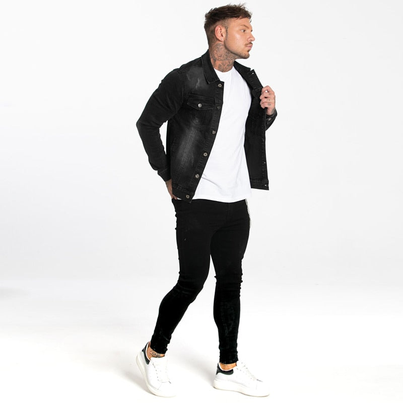 Land of Nostalgia Autumn Winter Men's Stripe Skinny Black Denim Coats Jackets by Land of Nostalgia