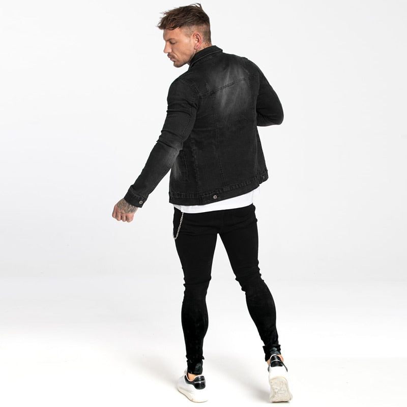 Land of Nostalgia Autumn Winter Men's Stripe Skinny Black Denim Coats Jackets by Land of Nostalgia