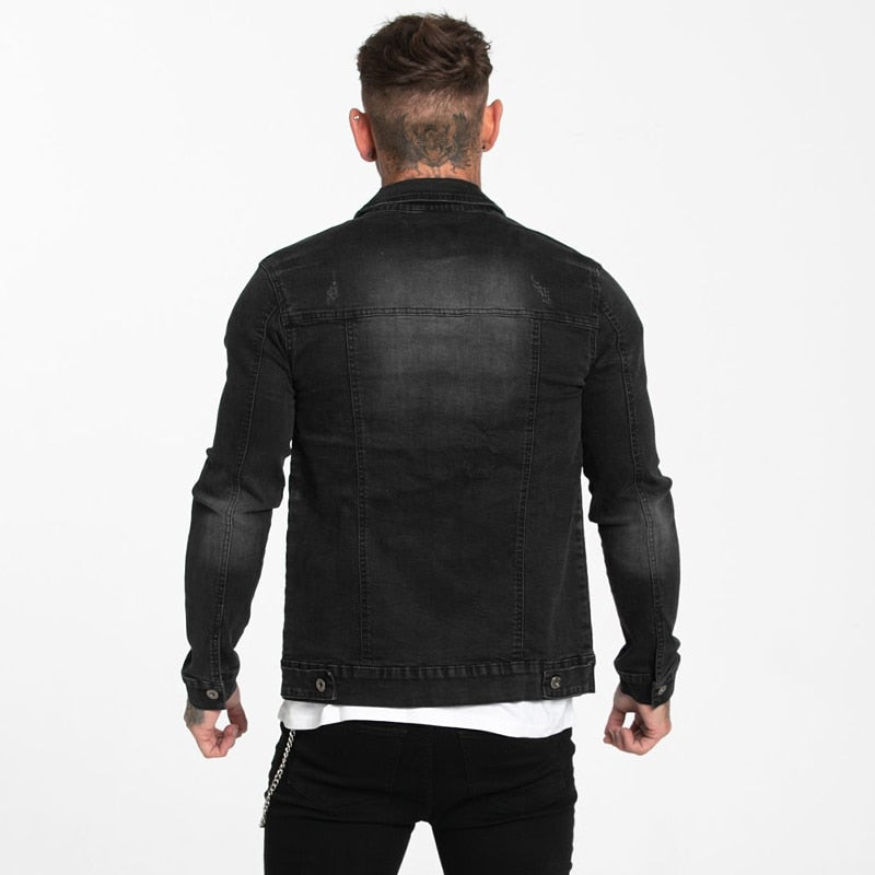 Land of Nostalgia Autumn Winter Men's Stripe Skinny Black Denim Coats Jackets by Land of Nostalgia