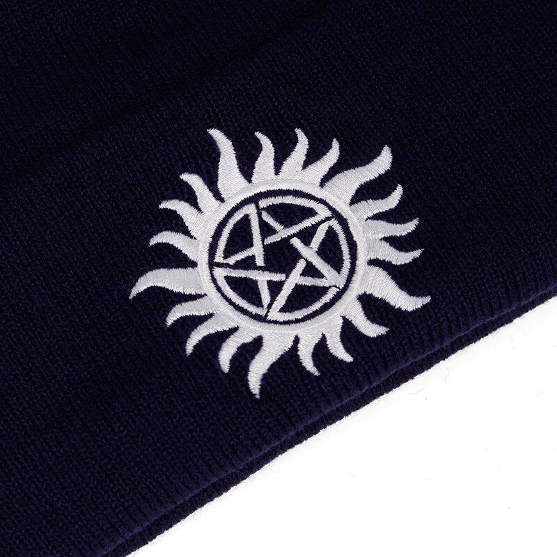 Saint' Black/Red Pentagram Flame Beanie Hat by The Cursed Closet