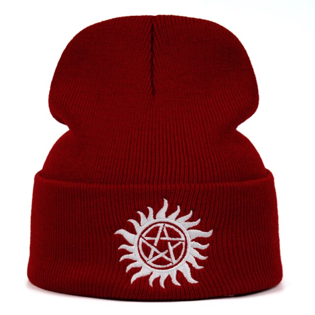 Saint' Black/Red Pentagram Flame Beanie Hat by The Cursed Closet